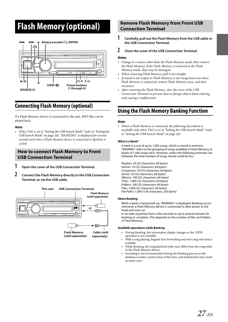 Flash memory (optional), Connecting flash memory (optional), Using the flash memory banking function | Alpine Bluetooth CD Receiver CDE-136BT User Manual | Page 27 / 45
