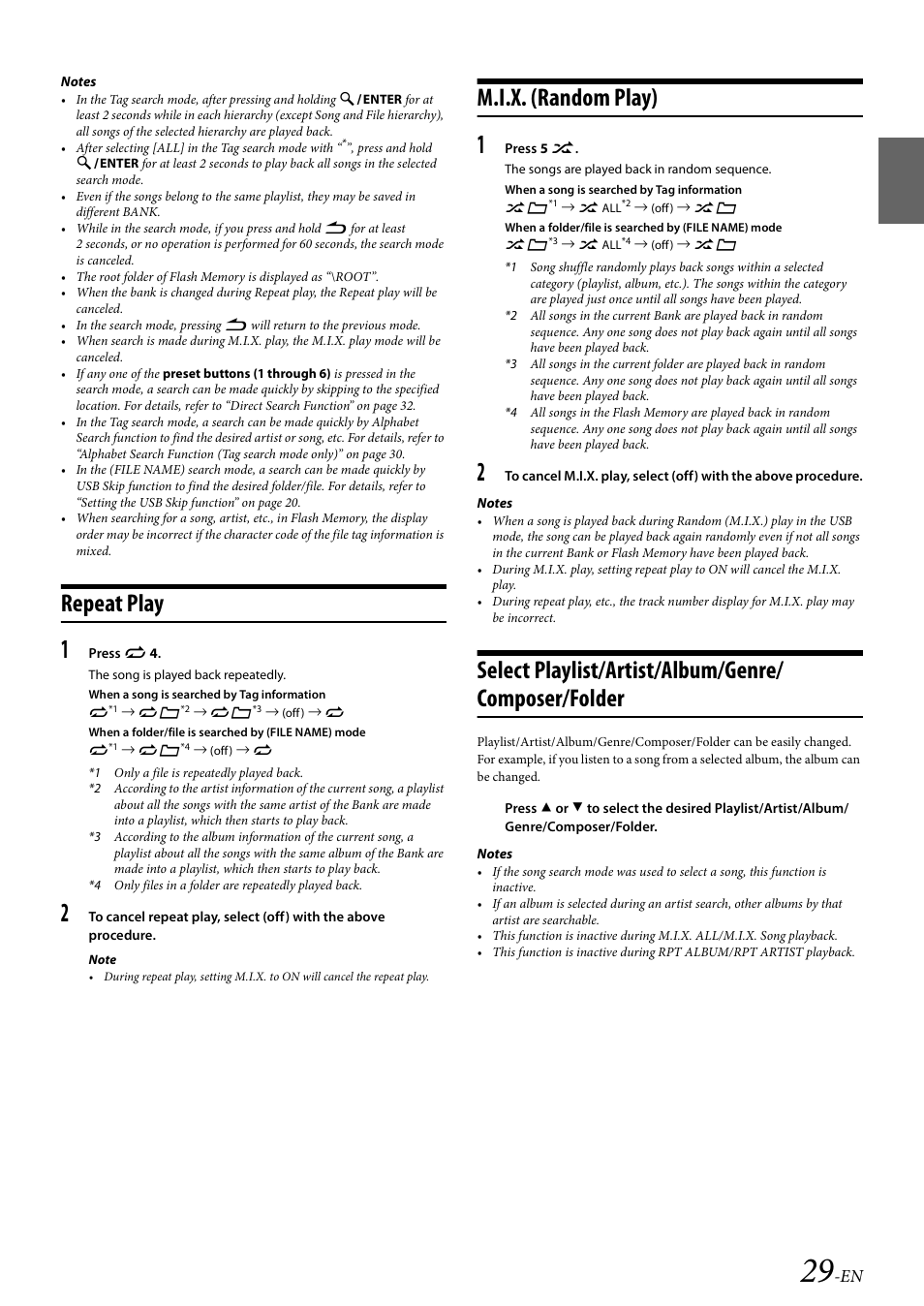 Repeat play, M.i.x. (random play), Select playlist/artist/album/genre/composer/folder | Alpine Bluetooth CD Receiver CDE-136BT User Manual | Page 29 / 45