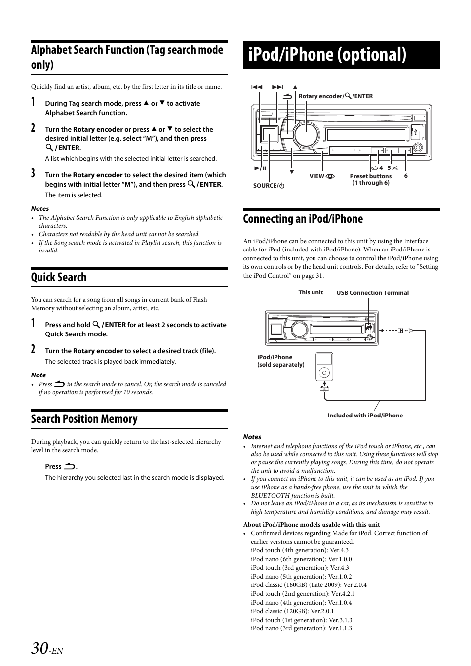 Alphabet search function (tag search mode only), Quick search, Search position memory | Ipod/iphone (optional), Connecting an ipod/iphone | Alpine Bluetooth CD Receiver CDE-136BT User Manual | Page 30 / 45