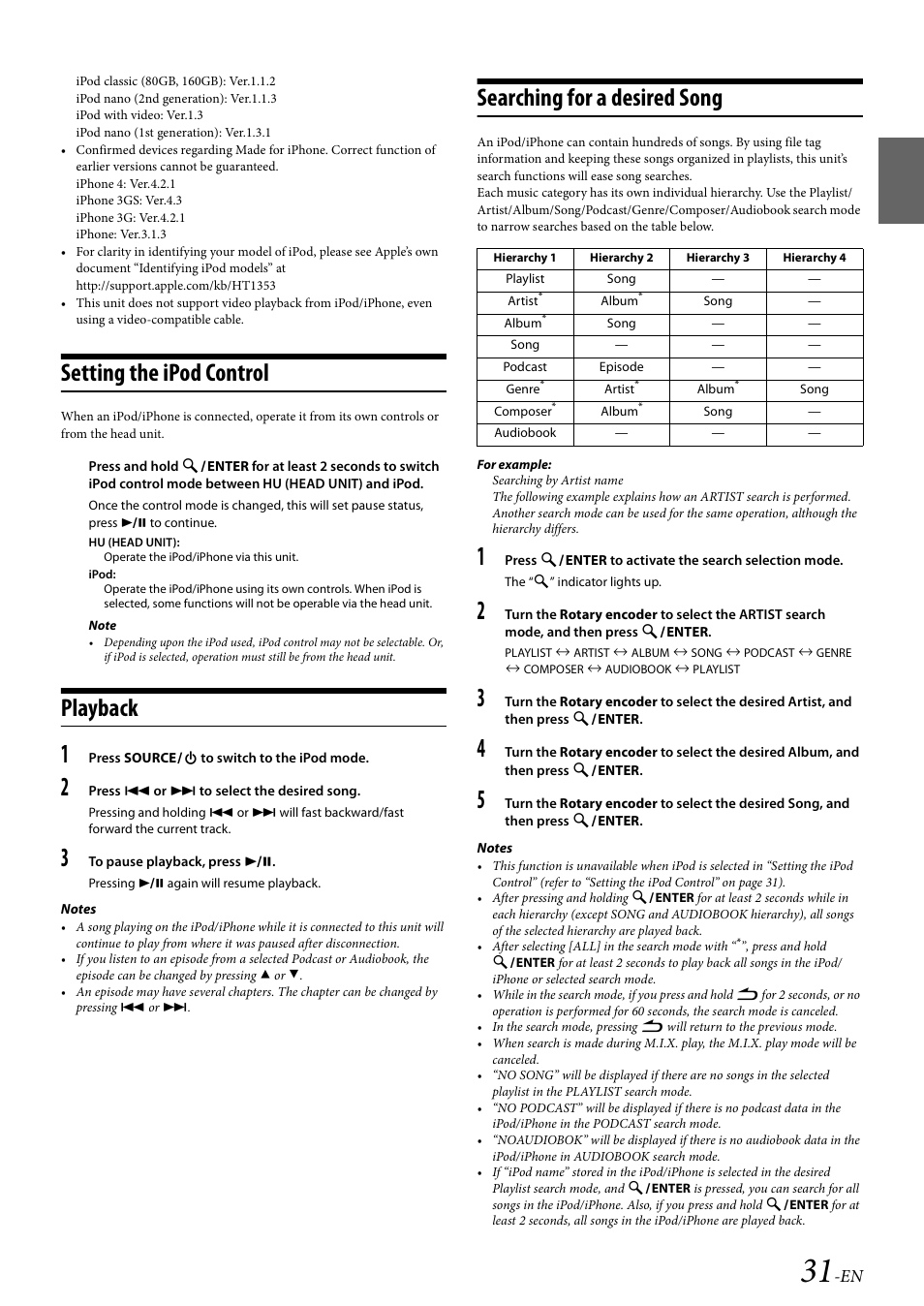 Setting the ipod control, Playback, Searching for a desired song | Alpine Bluetooth CD Receiver CDE-136BT User Manual | Page 31 / 45