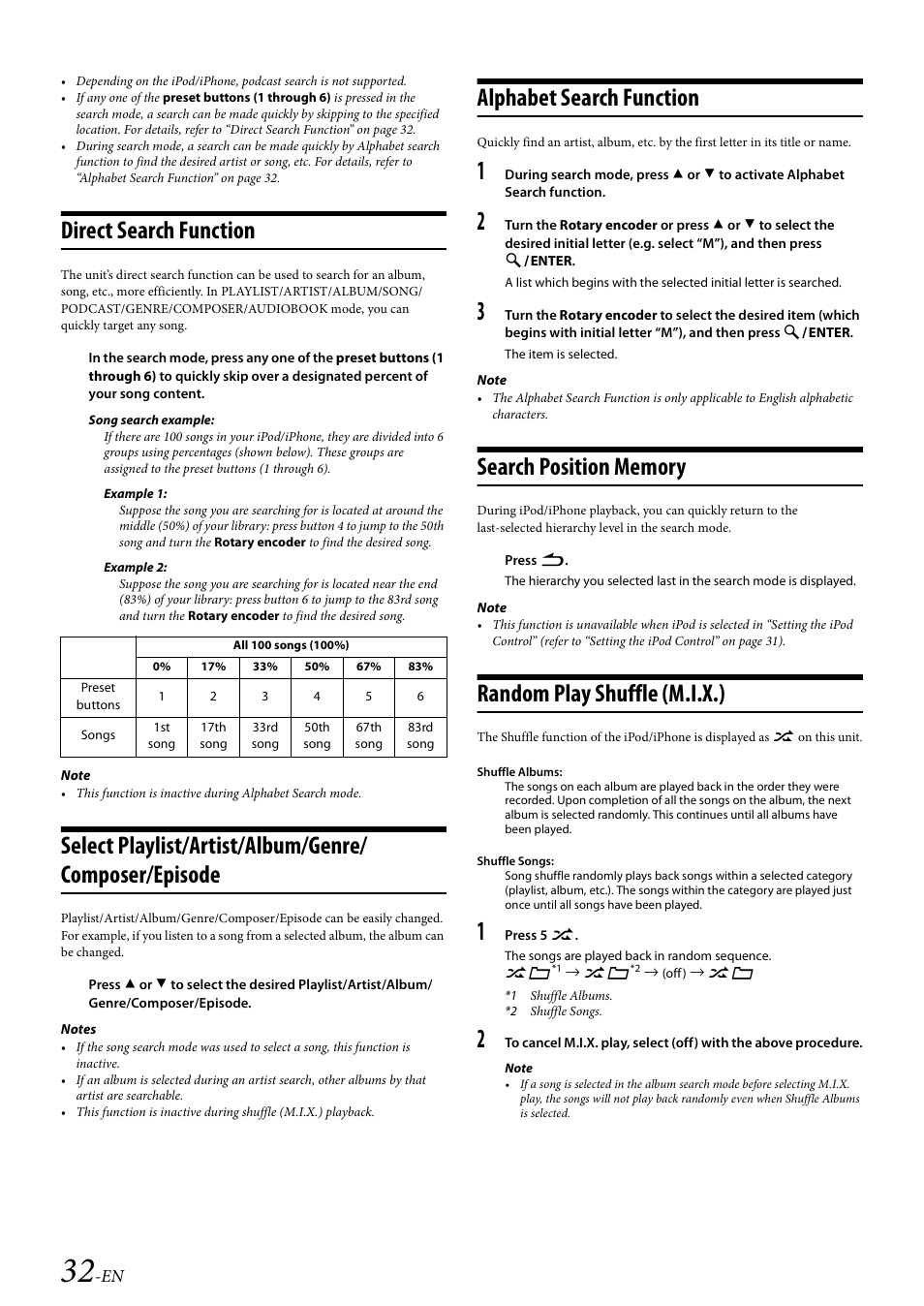 Direct search function, Alphabet search function, Search position memory | Random play shuffle (m.i.x.) | Alpine Bluetooth CD Receiver CDE-136BT User Manual | Page 32 / 45