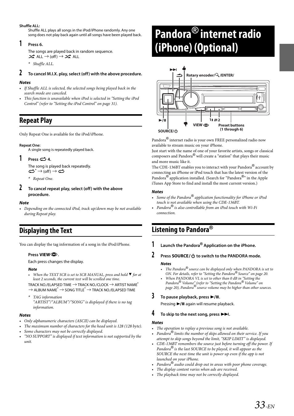 Repeat play, Displaying the text, Pandora® internet radio (iphone) (optional) | Listening to pandora, Repeat play displaying the text, Pandora, Internet radio (iphone), Optional), Internet radio (iphone) (optional) | Alpine Bluetooth CD Receiver CDE-136BT User Manual | Page 33 / 45