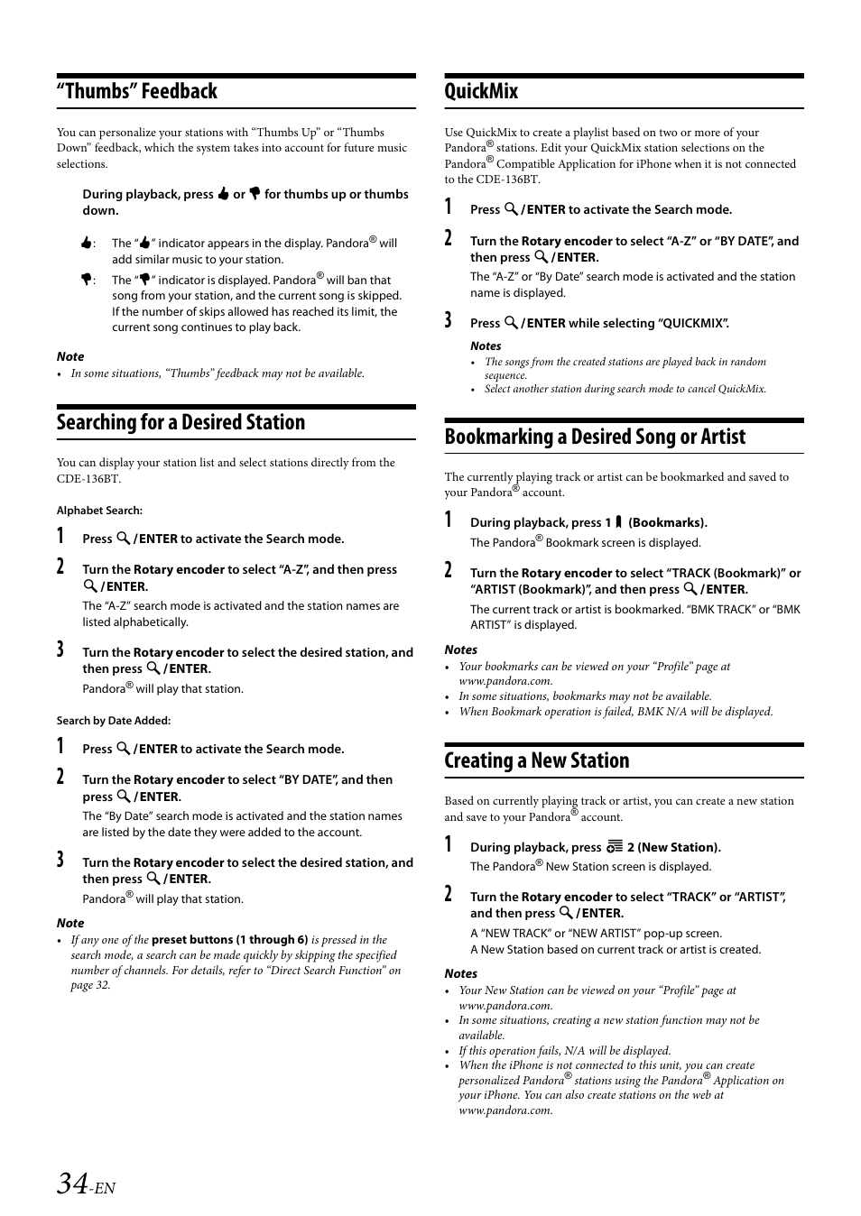 Thumbs” feedback, Searching for a desired station, Quickmix | Bookmarking a desired song or artist, Creating a new station | Alpine Bluetooth CD Receiver CDE-136BT User Manual | Page 34 / 45