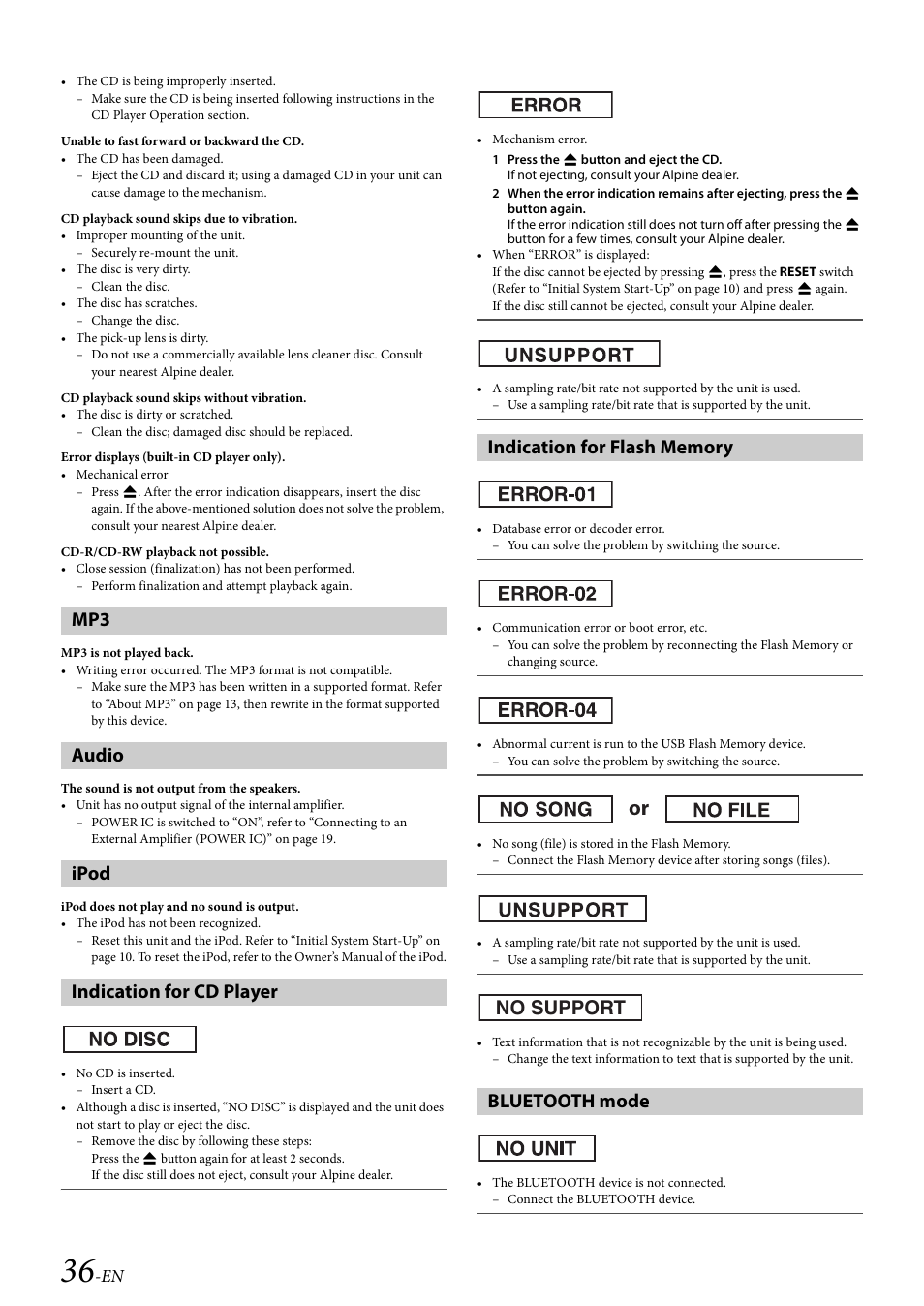 Audio, Ipod, Indication for cd player | Indication for flash memory, Bluetooth mode, No support | Alpine Bluetooth CD Receiver CDE-136BT User Manual | Page 36 / 45