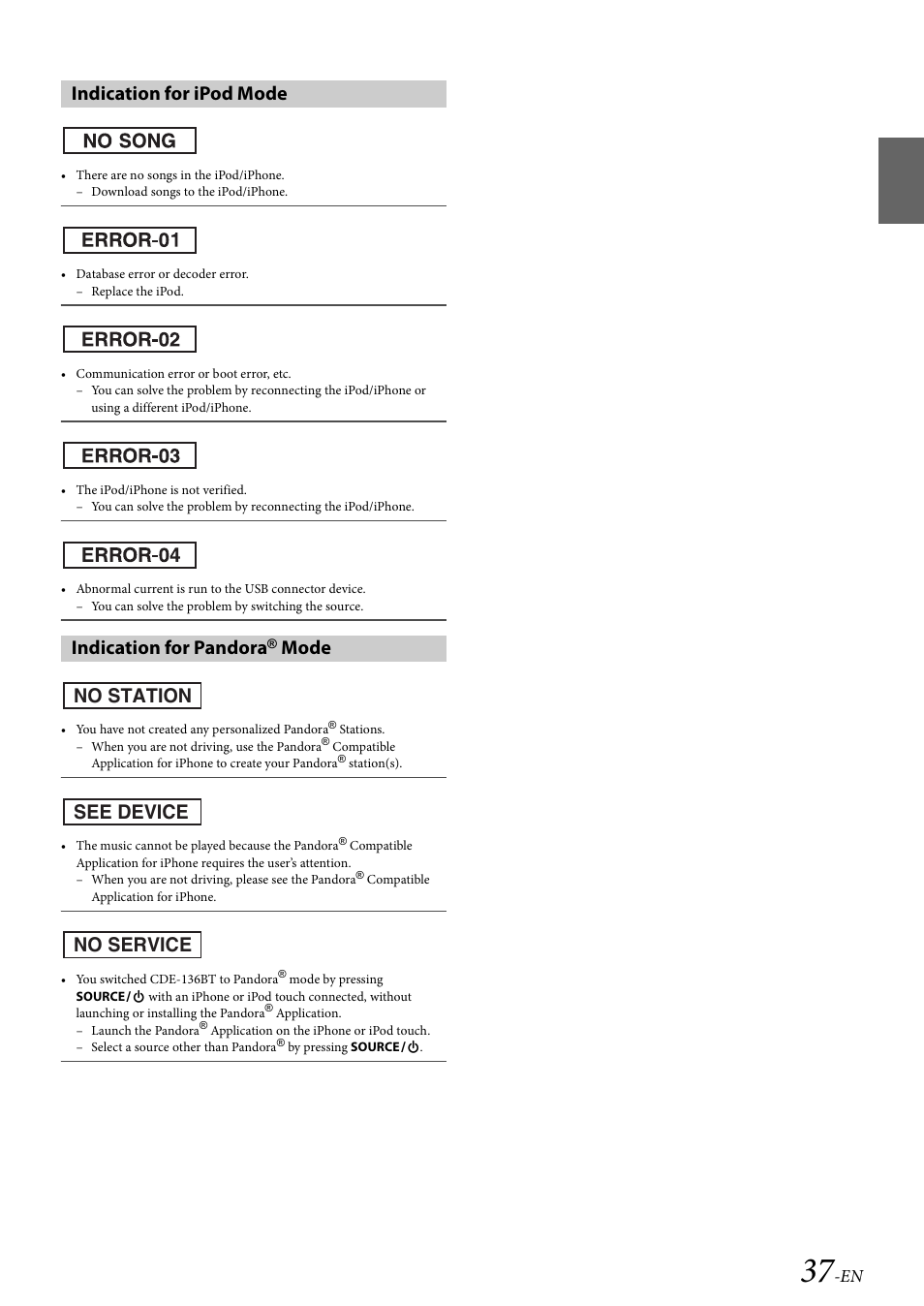 Indication for ipod mode, Indication for pandora® mode, Indication for ipod mode indication for pandora | Mode, Mode no station see device no service | Alpine Bluetooth CD Receiver CDE-136BT User Manual | Page 37 / 45