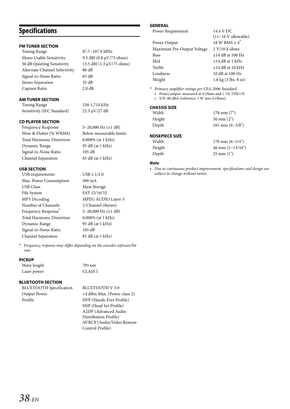 Specifications | Alpine Bluetooth CD Receiver CDE-136BT User Manual | Page 38 / 45