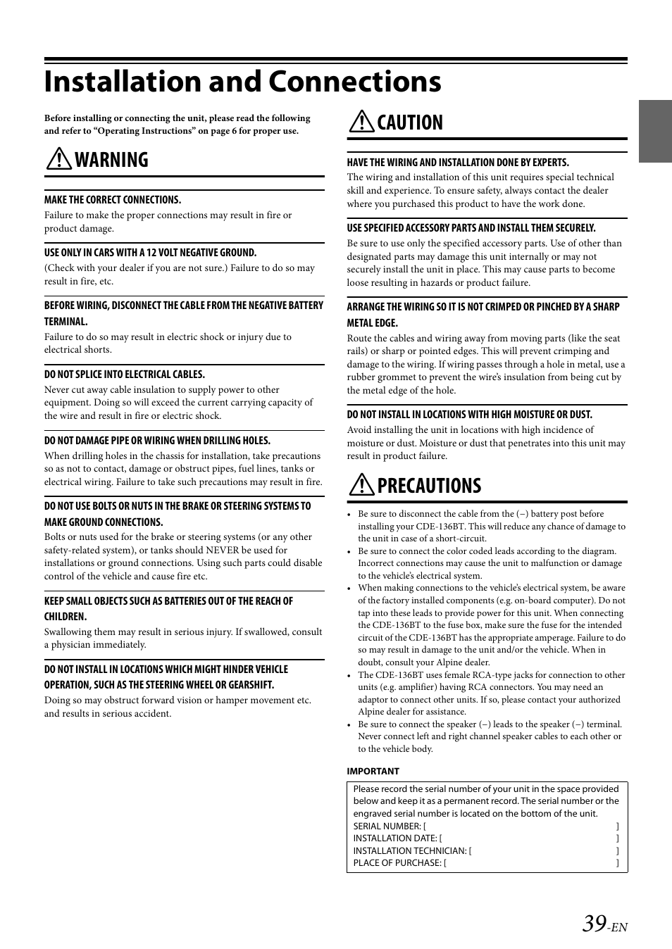 Installation and connections, Warning, Caution | Precautions | Alpine Bluetooth CD Receiver CDE-136BT User Manual | Page 39 / 45