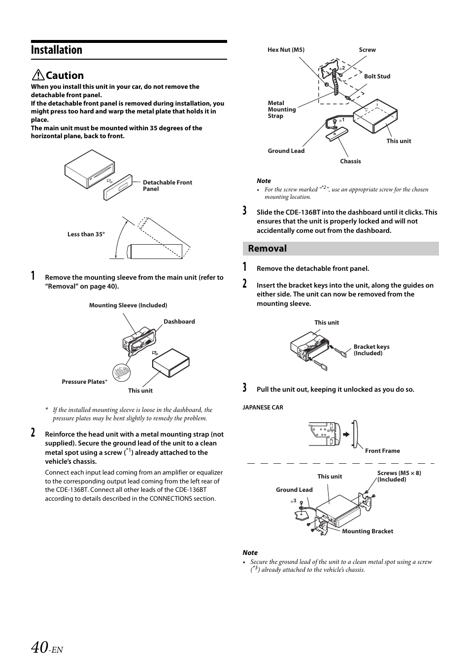 Installation, Removal, Caution | Alpine Bluetooth CD Receiver CDE-136BT User Manual | Page 40 / 45