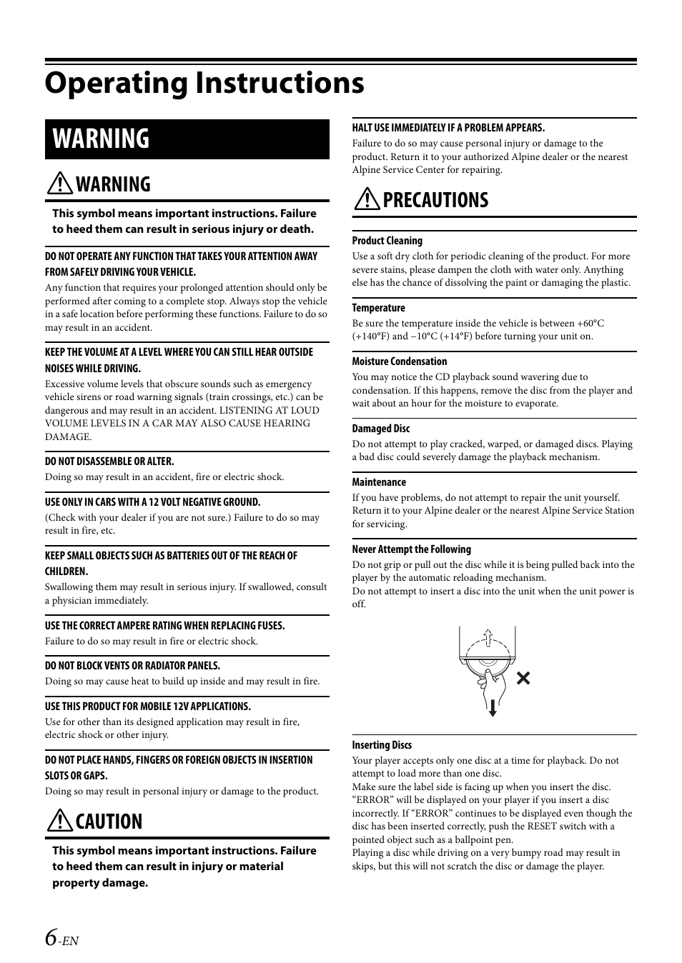 Operating instructions, Warning, Caution | Precautions | Alpine Bluetooth CD Receiver CDE-136BT User Manual | Page 6 / 45