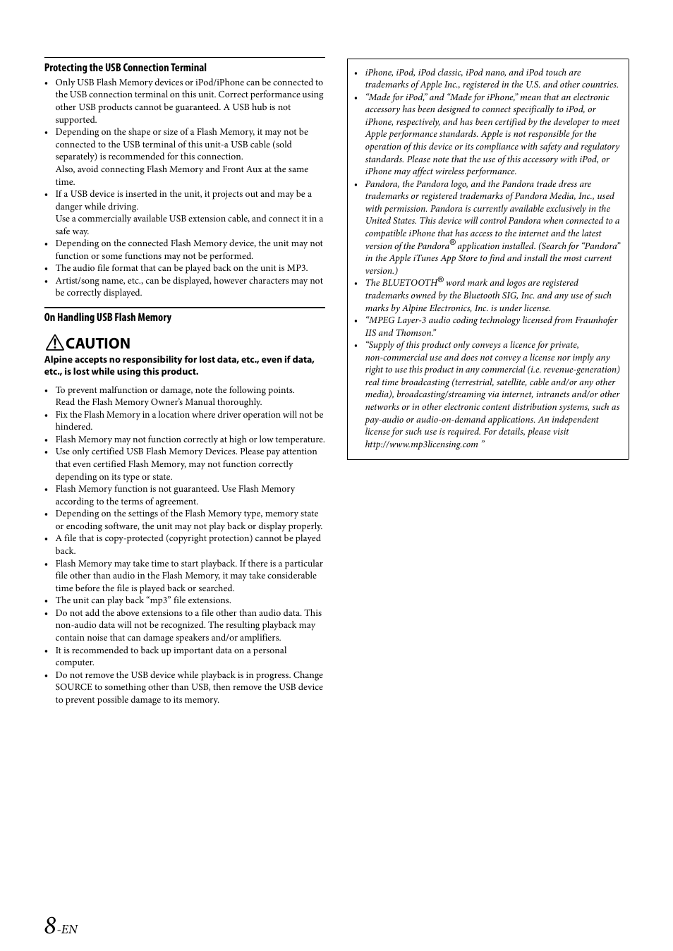 Caution | Alpine Bluetooth CD Receiver CDE-136BT User Manual | Page 8 / 45