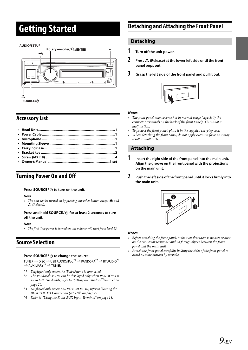 Getting started, Accessory list, Turning power on and off | Source selection, Detaching and attaching the front panel, Detaching, Attaching, Detaching attaching | Alpine Bluetooth CD Receiver CDE-136BT User Manual | Page 9 / 45