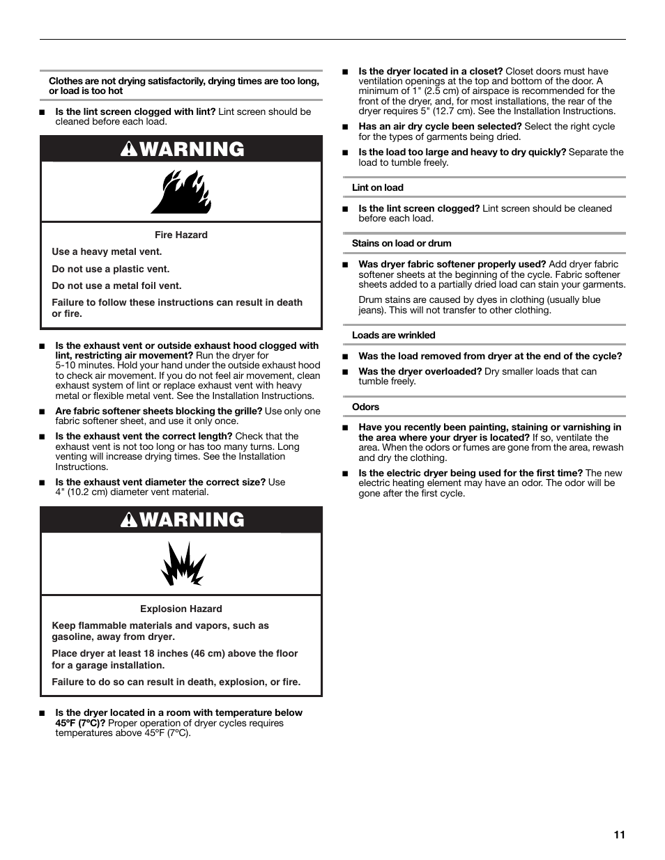 Warning, Dryer results | Whirlpool LTE5243DQ User Manual | Page 11 / 36