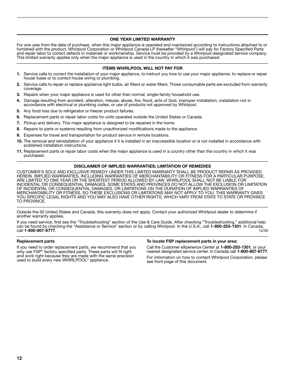 Whirlpool corporation major appliance warranty | Whirlpool LTE5243DQ User Manual | Page 12 / 36