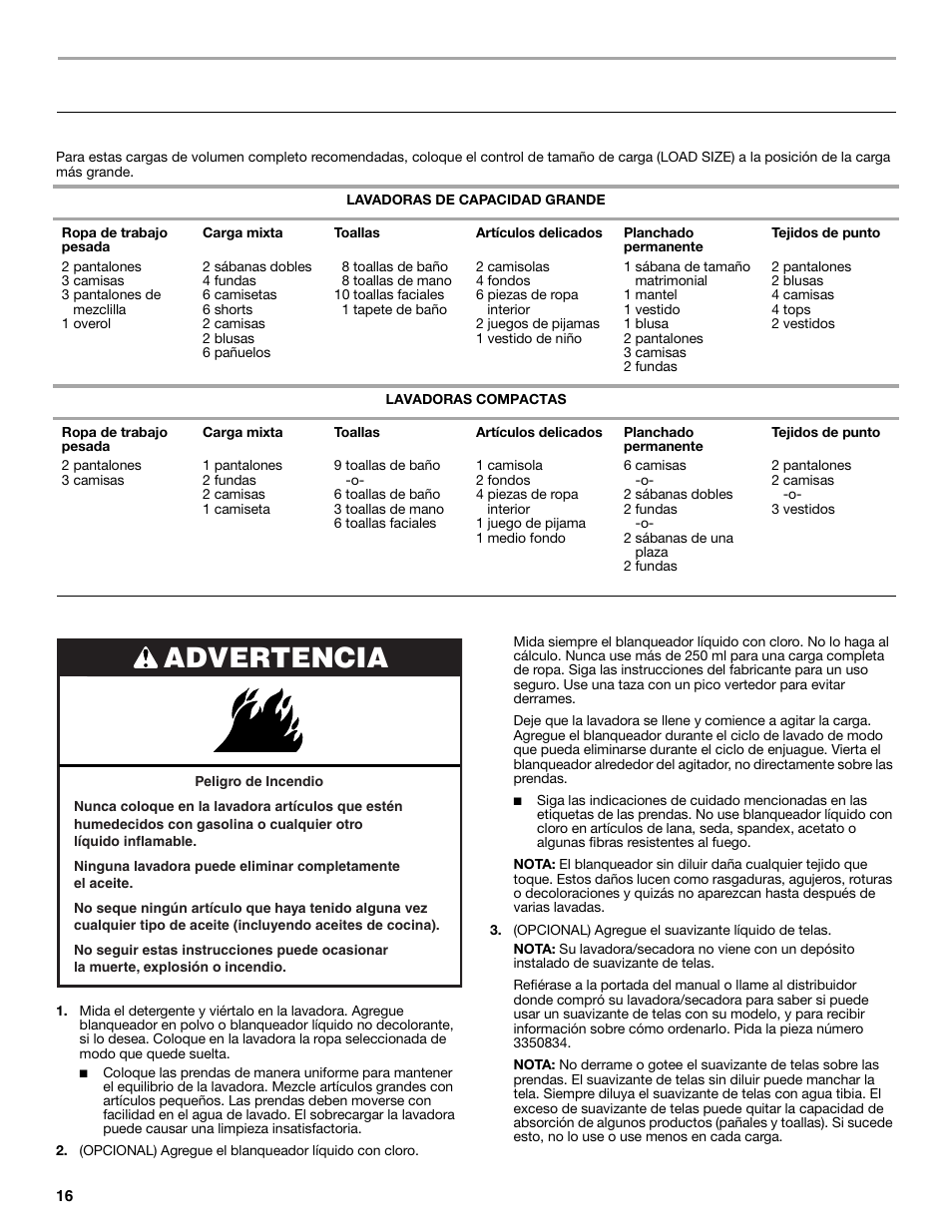 Uso de la lavadora, Advertencia, Cómo cargar | Puesta en marcha de su lavadora | Whirlpool LTE5243DQ User Manual | Page 16 / 36