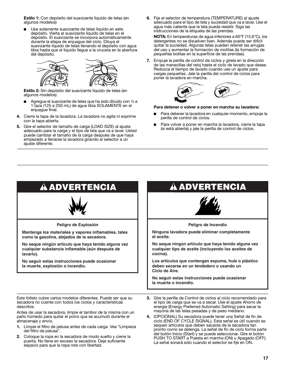 Uso de la secadora, Advertencia, Puesta en marcha de su secadora | Whirlpool LTE5243DQ User Manual | Page 17 / 36