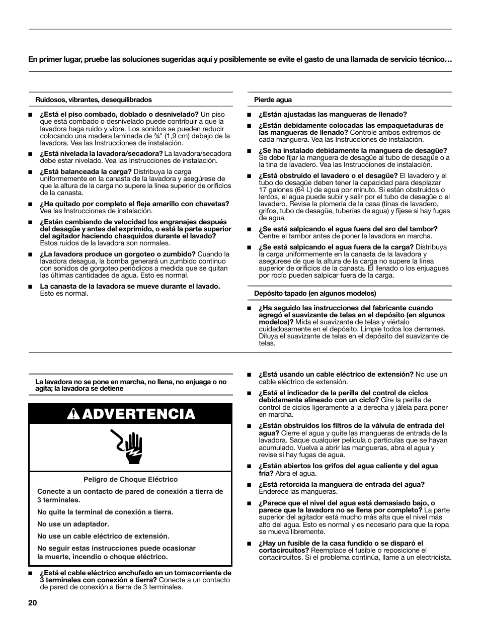 Solución de problemas de la lavadora, Advertencia, Lavadora y componentes | Funcionamiento de la lavadora | Whirlpool LTE5243DQ User Manual | Page 20 / 36