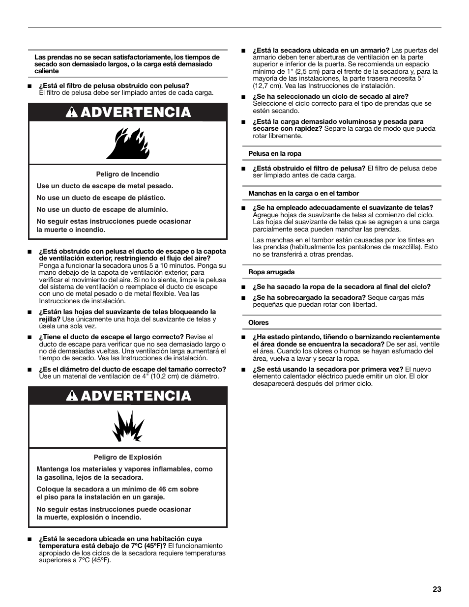 Advertencia, Resultados de la secadora | Whirlpool LTE5243DQ User Manual | Page 23 / 36