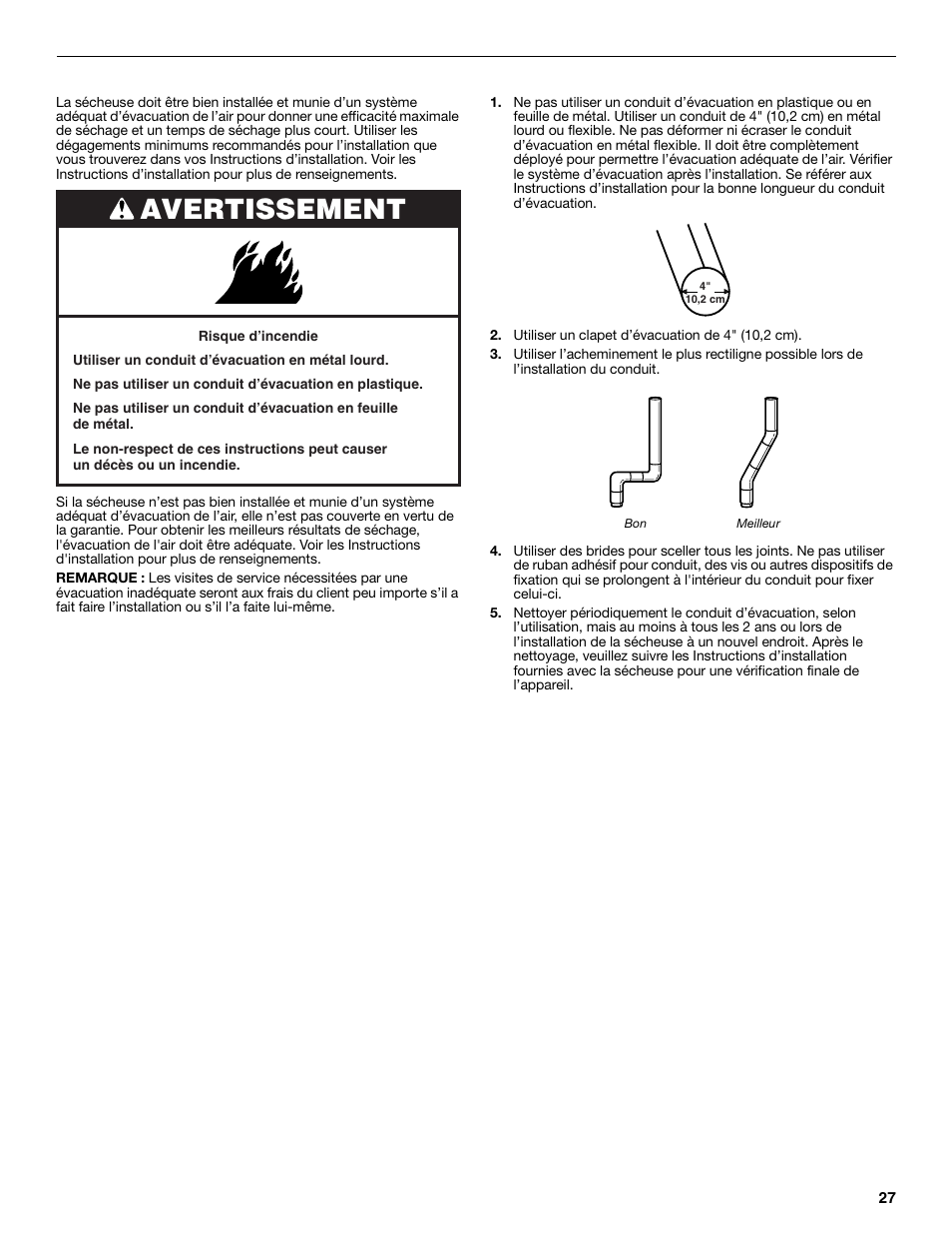 Avertissement, Vérification du conduit d’évacuation | Whirlpool LTE5243DQ User Manual | Page 27 / 36