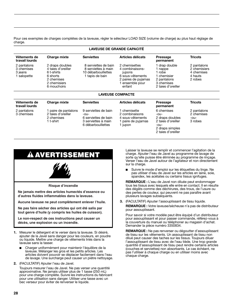 Utilisation de la laveuse, Avertissement, Chargement | Mise en marche de la laveuse | Whirlpool LTE5243DQ User Manual | Page 28 / 36