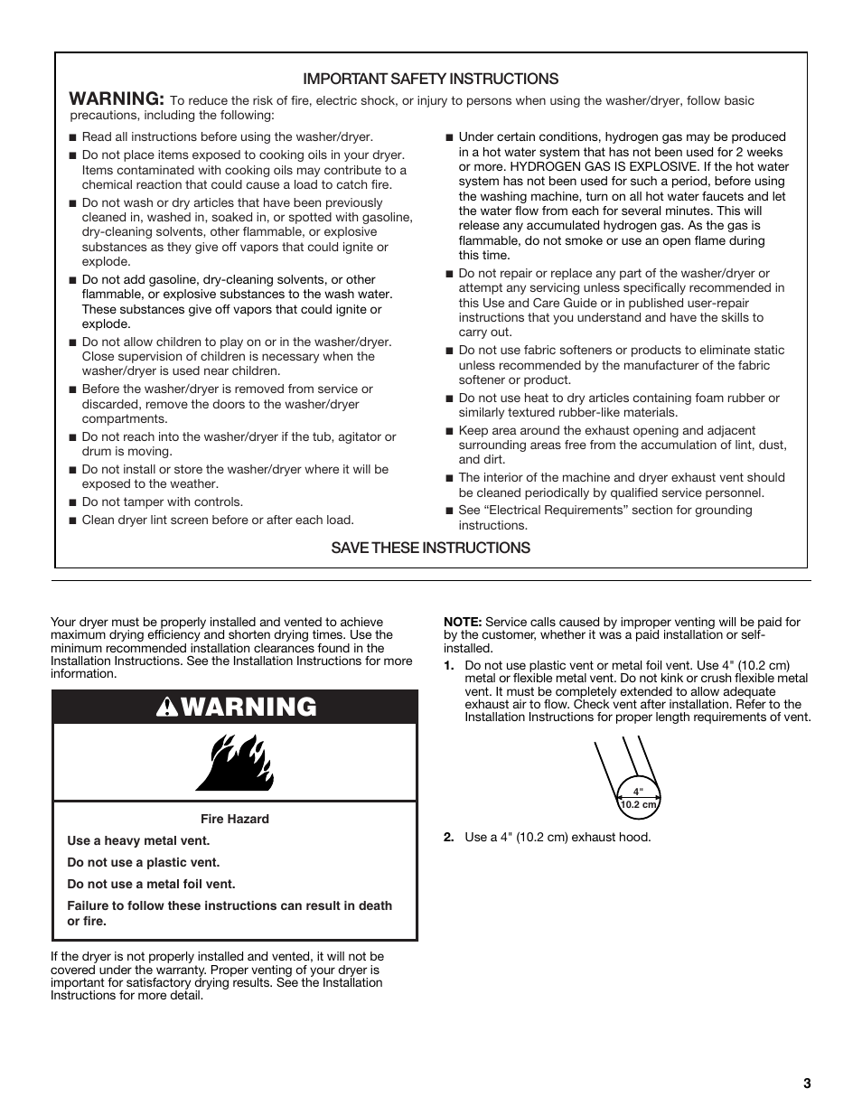 Checking your vent, Warning, Important safety instructions | Save these instructions | Whirlpool LTE5243DQ User Manual | Page 3 / 36
