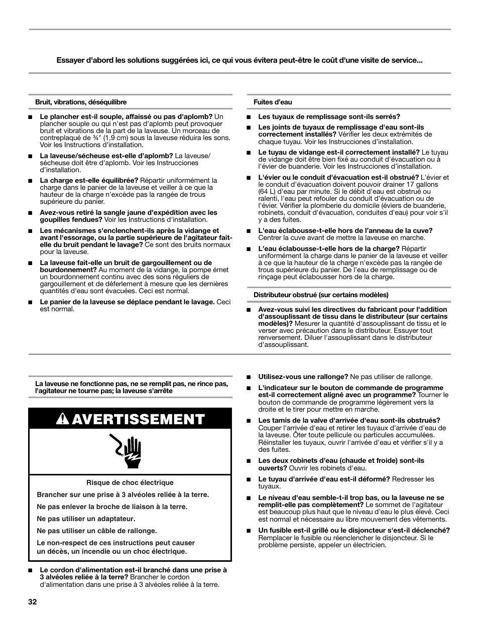 Dépannage de la laveuse, Avertissement, La laveuse et ses composants | Fonctionnement de la laveuse | Whirlpool LTE5243DQ User Manual | Page 32 / 36