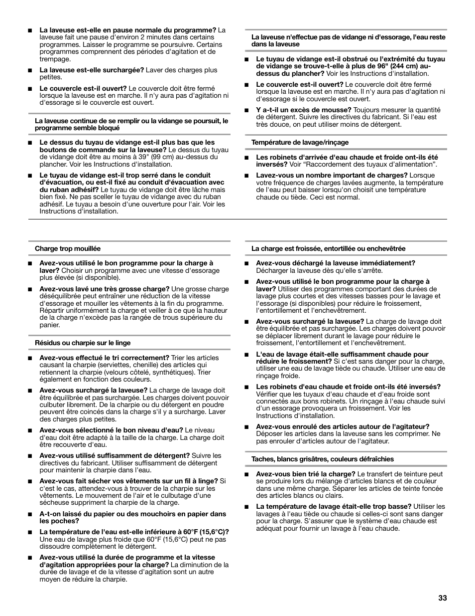 Soin des vêtements | Whirlpool LTE5243DQ User Manual | Page 33 / 36