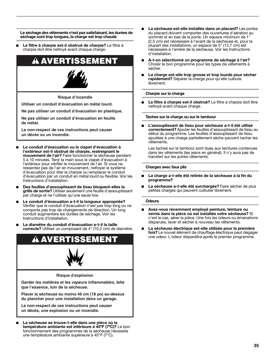 Avertissement, Résultats de la sécheuse | Whirlpool LTE5243DQ User Manual | Page 35 / 36
