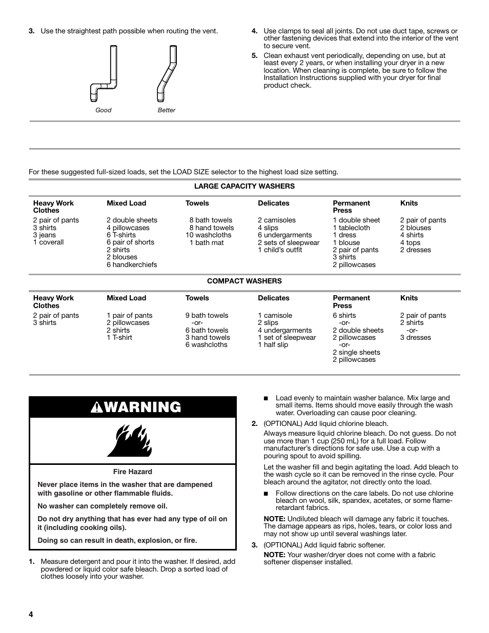 Washer use, Warning, Loading | Starting your washer | Whirlpool LTE5243DQ User Manual | Page 4 / 36
