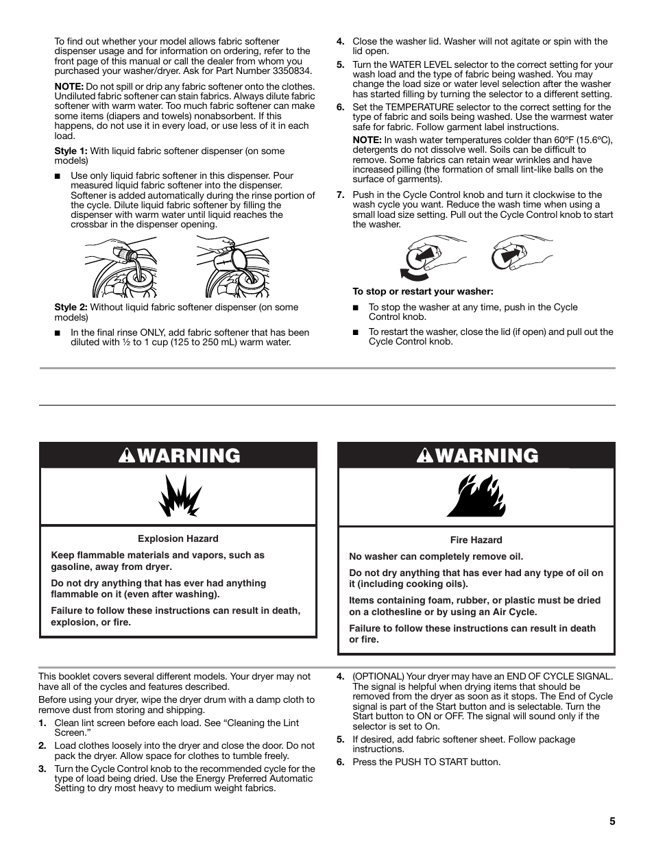 Dryer use, Warning, Starting your dryer | Whirlpool LTE5243DQ User Manual | Page 5 / 36