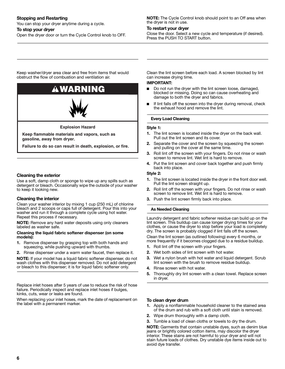 Washer/dryer care, Warning, Cleaning the washer/dryer location | Cleaning your washer, Water inlet hoses, Cleaning the lint screen, Cleaning the dryer interior | Whirlpool LTE5243DQ User Manual | Page 6 / 36