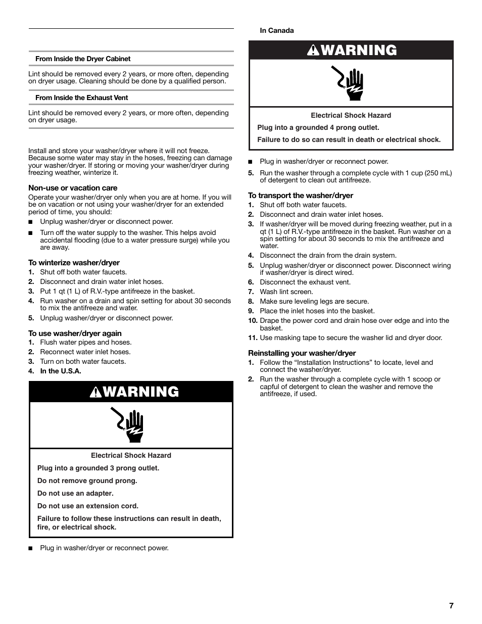 Warning, Removing accumulated lint, Vacation, storage and moving care | Whirlpool LTE5243DQ User Manual | Page 7 / 36