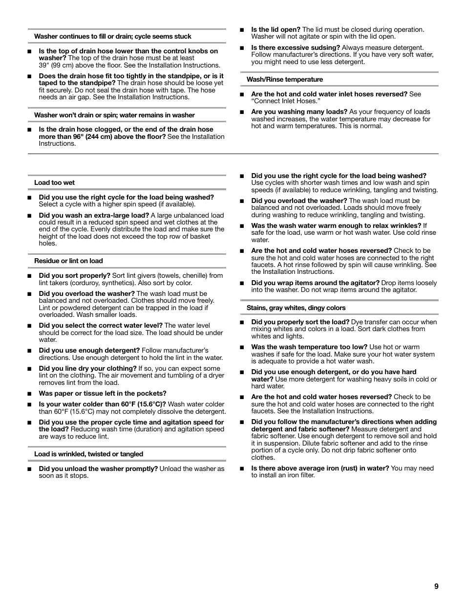 Clothing care | Whirlpool LTE5243DQ User Manual | Page 9 / 36