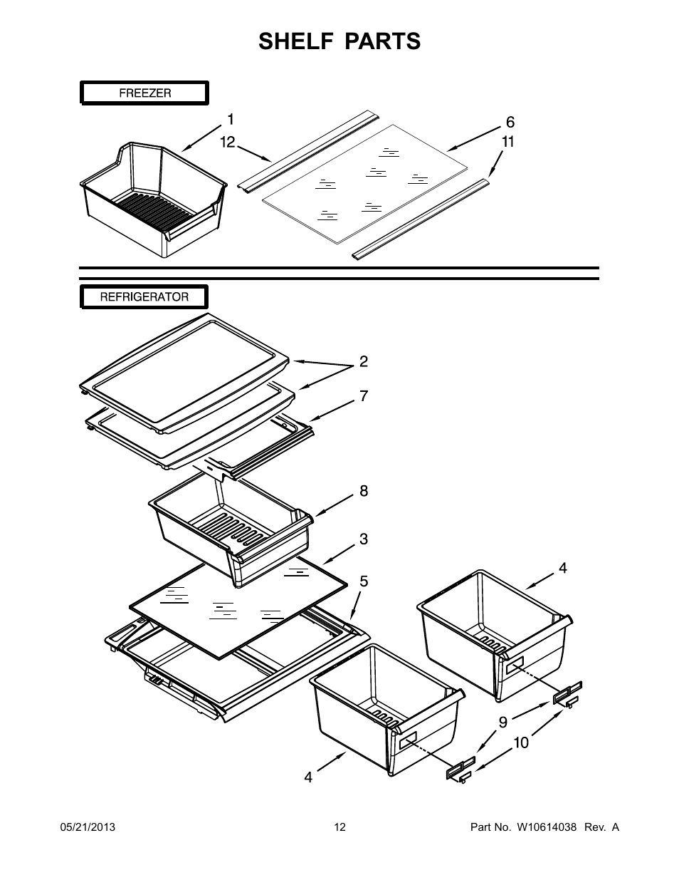 Shelf, Shelf parts | Whirlpool W8RXNGMBD User Manual | Page 12 / 14