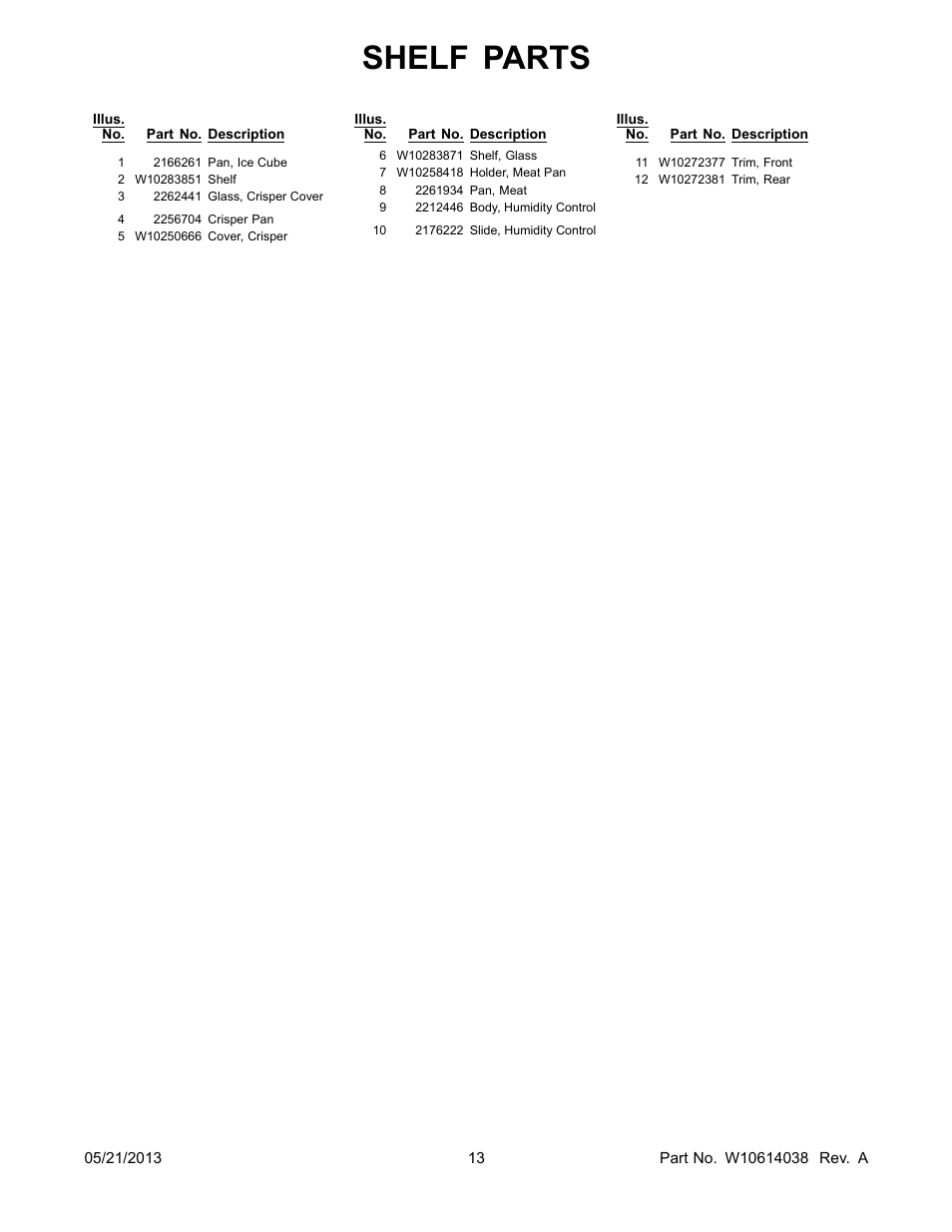 Shelf parts | Whirlpool W8RXNGMBD User Manual | Page 13 / 14