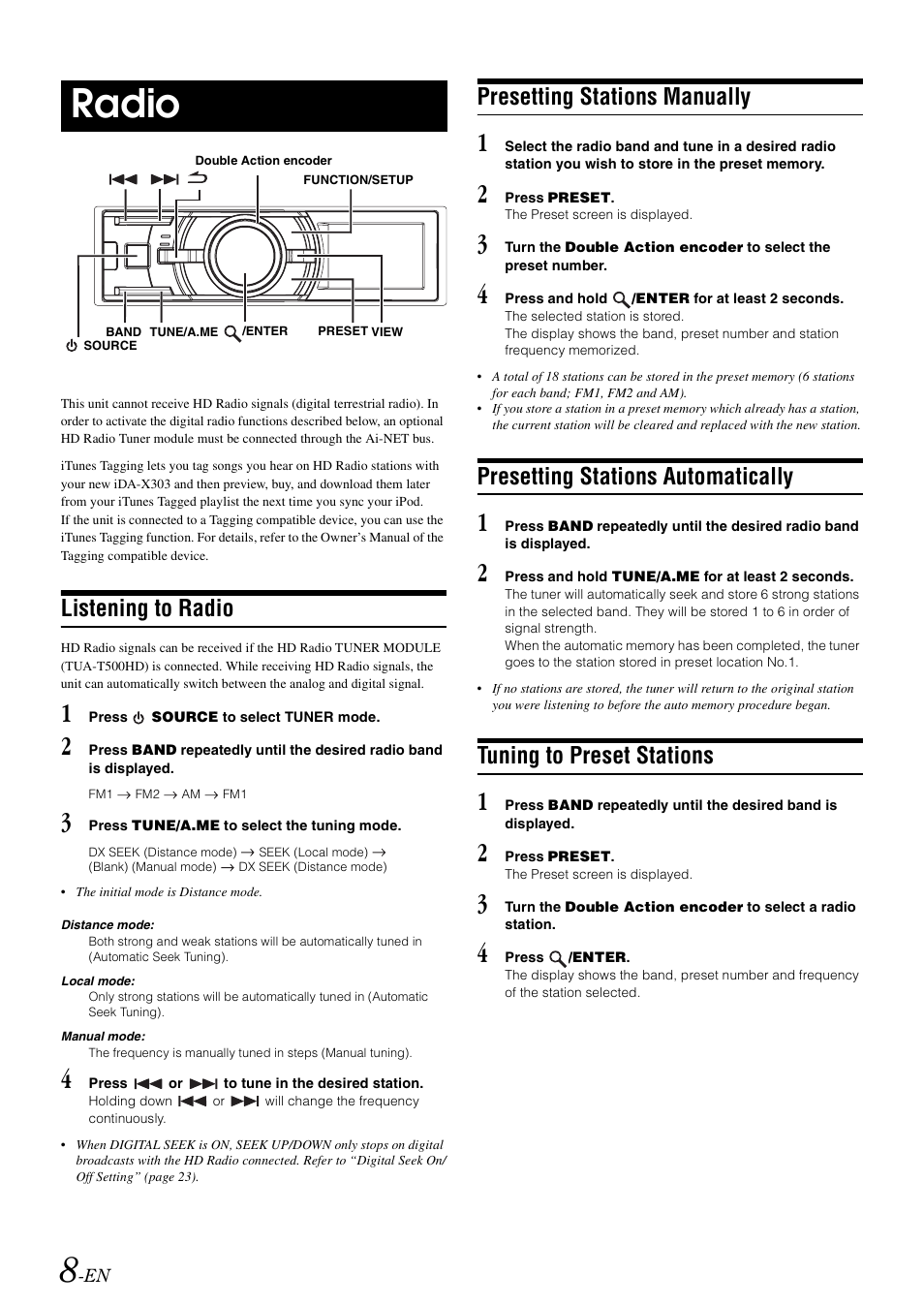 Radio, Listening to radio, Presetting stations manually | Presetting stations automatically, Tuning to preset stations | Alpine IDA-X303 User Manual | Page 10 / 48