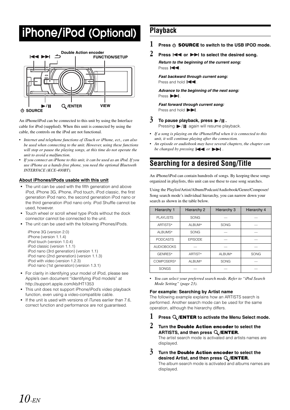 Iphone/ipod (optional), Playback, Searching for a desired song/title | Iphone/ipod, Optional) | Alpine IDA-X303 User Manual | Page 12 / 48