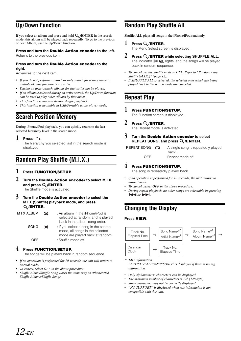 Up/down function, Search position memory, Random play shuffle (m.i.x.) | Random play shuffle all, Repeat play, Changing the display | Alpine IDA-X303 User Manual | Page 14 / 48