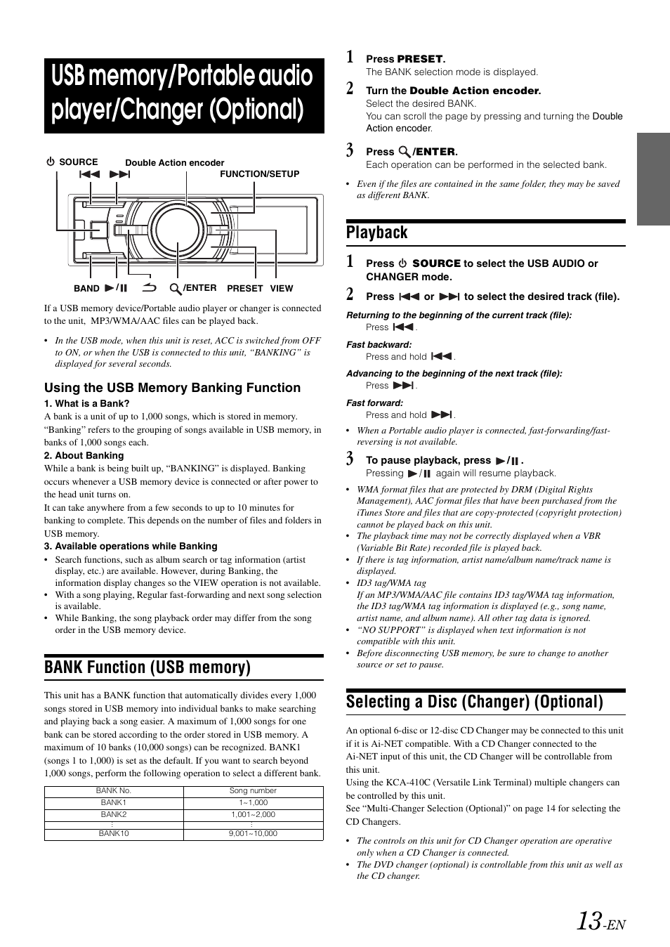 Bank function (usb memory), Playback, Selecting a disc (changer) (optional) | Usb memory/portable audio player, Changer (optional) | Alpine IDA-X303 User Manual | Page 15 / 48