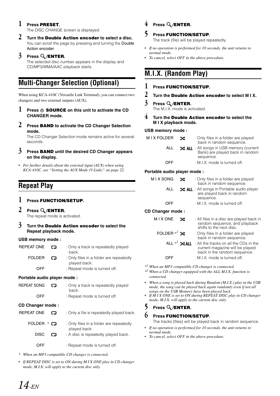 Multi-changer selection (optional), Repeat play, M.i.x. (random play) | Alpine IDA-X303 User Manual | Page 16 / 48