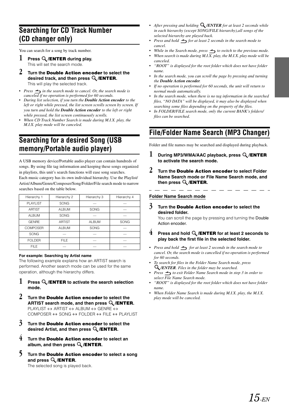 Searching for cd track number (cd changer only), File/folder name search (mp3 changer), Searching for cd track number | Cd changer only), Searching for a desired song (usb memory, Portable audio player) | Alpine IDA-X303 User Manual | Page 17 / 48