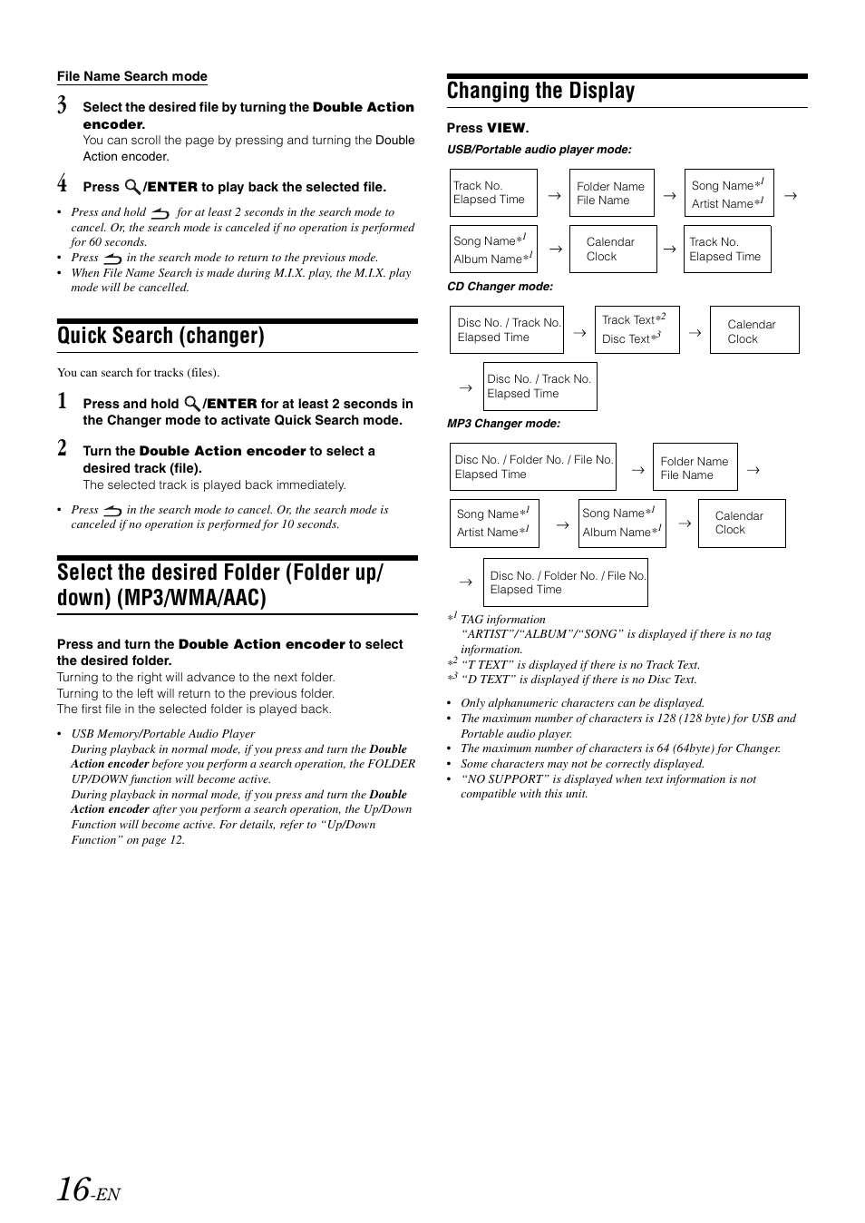 Quick search (changer), Changing the display, Select the desired folder (folder up/down) | Mp3/wma/aac) | Alpine IDA-X303 User Manual | Page 18 / 48