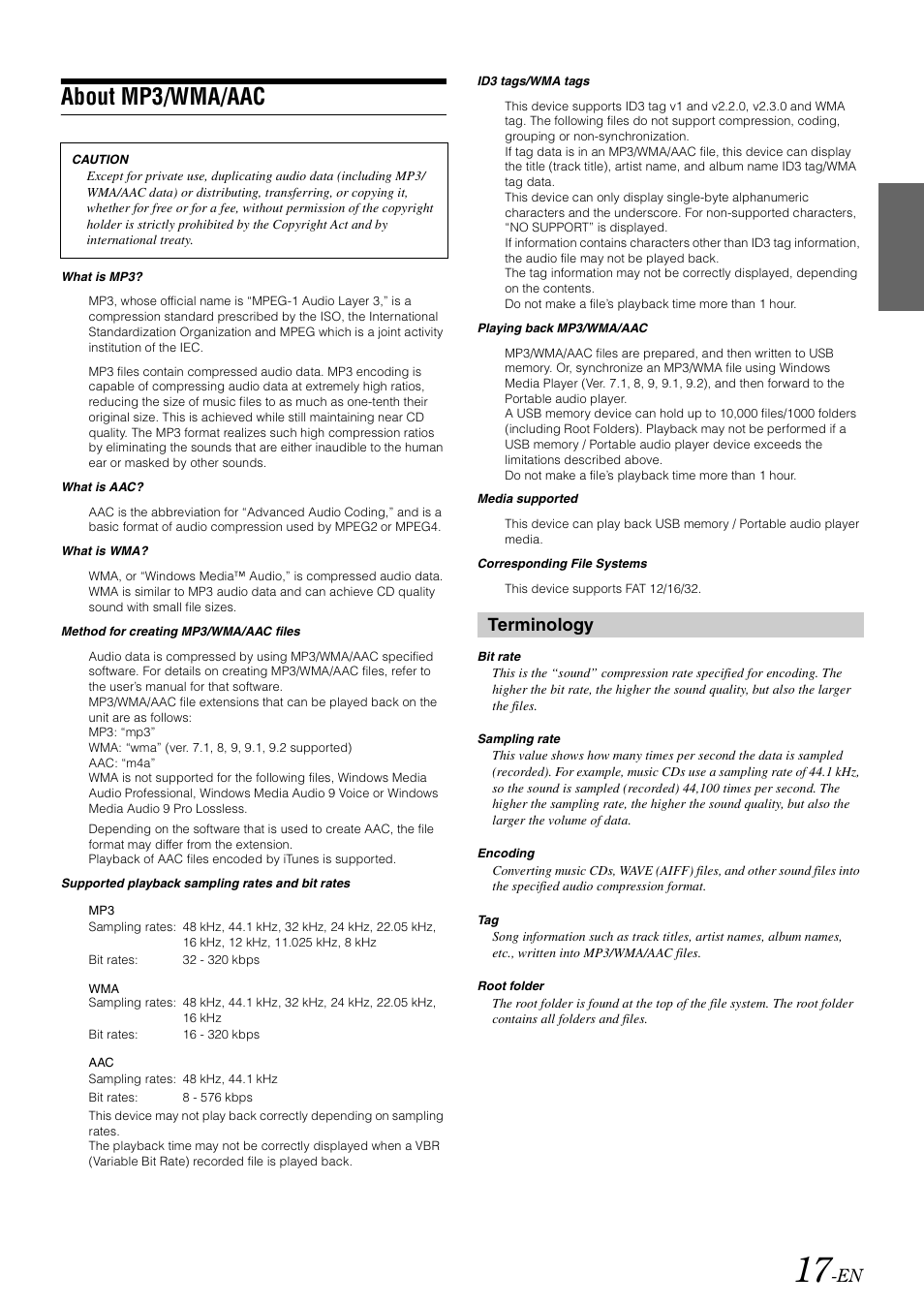 About mp3/wma/aac, Terminology | Alpine IDA-X303 User Manual | Page 19 / 48