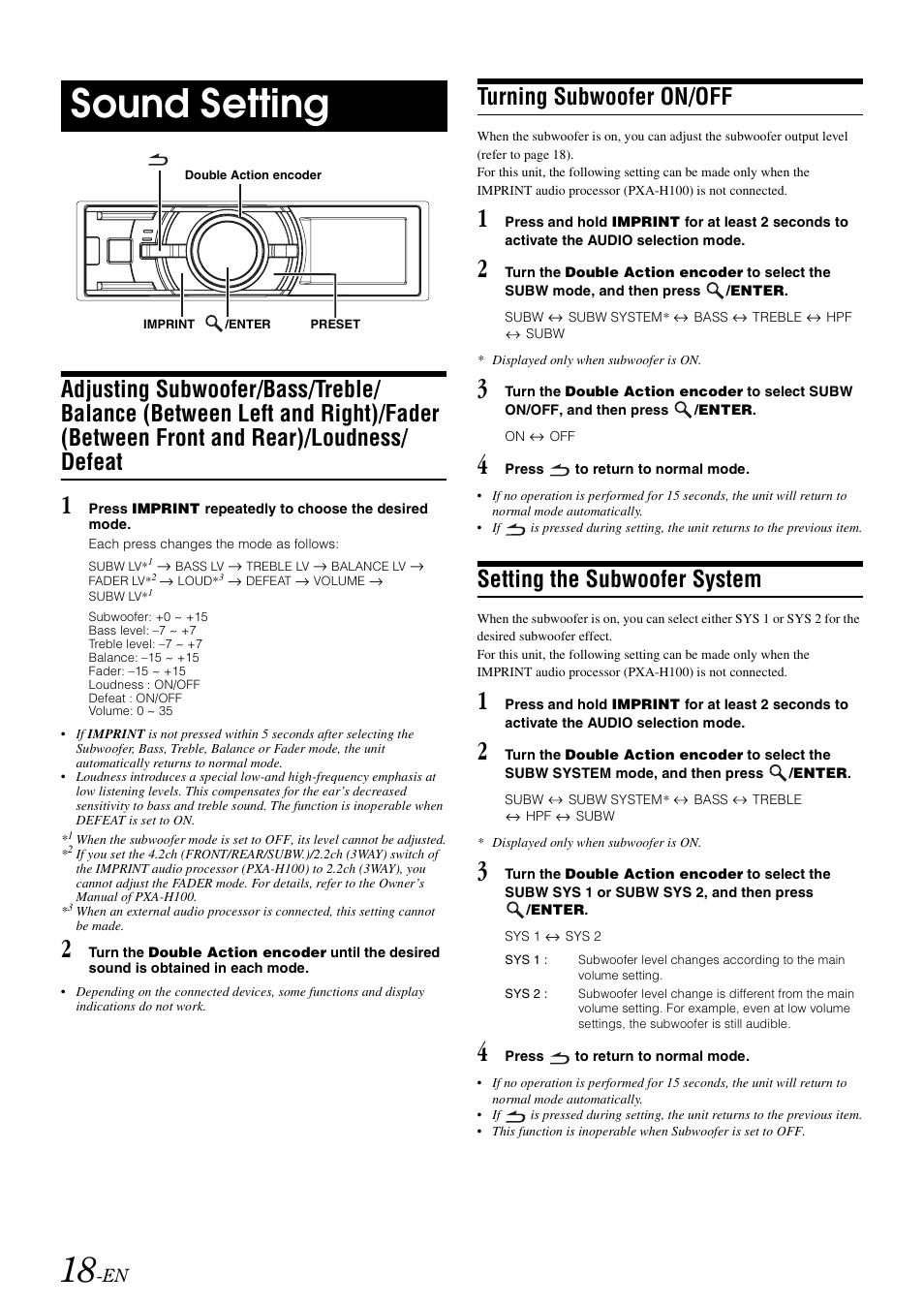 Sound setting, Turning subwoofer on/off, Setting the subwoofer system | Adjusting subwoofer/bass/treble/balance | Alpine IDA-X303 User Manual | Page 20 / 48