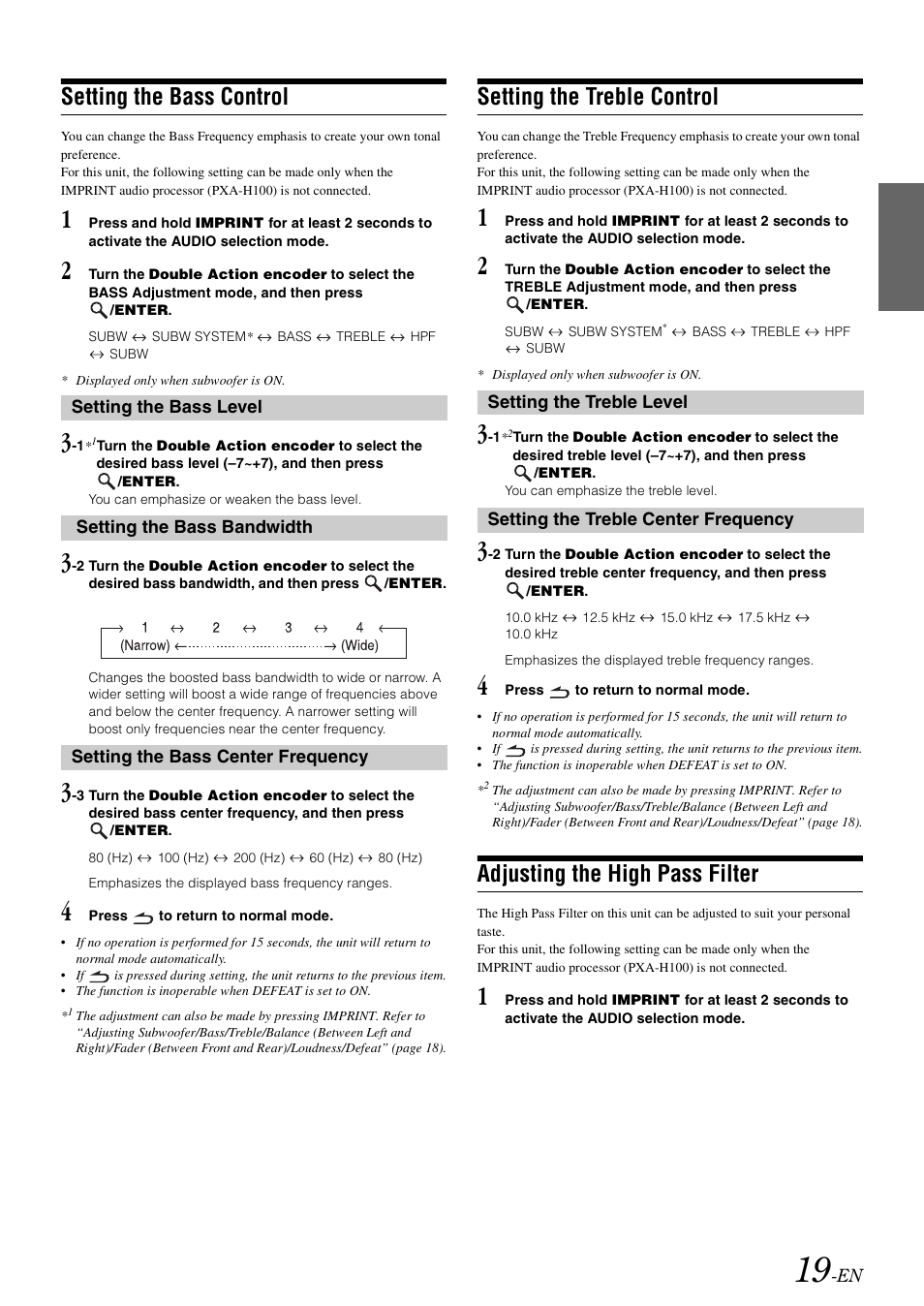 Setting the bass control, Setting the treble control, Adjusting the high pass filter | Alpine IDA-X303 User Manual | Page 21 / 48