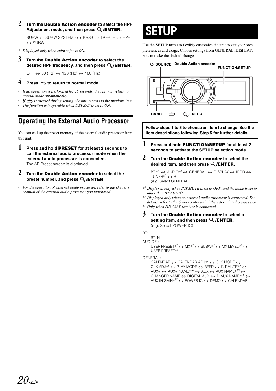 Operating the external audio processor, Setup | Alpine IDA-X303 User Manual | Page 22 / 48
