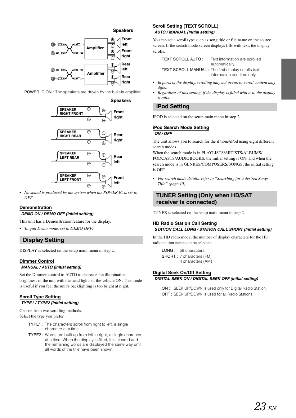 Demonstration, Display setting, Dimmer control | Scroll type setting, Scroll setting (text scroll), Ipod setting, Ipod search mode setting, Hd radio station call setting, Digital seek on/off setting | Alpine IDA-X303 User Manual | Page 25 / 48