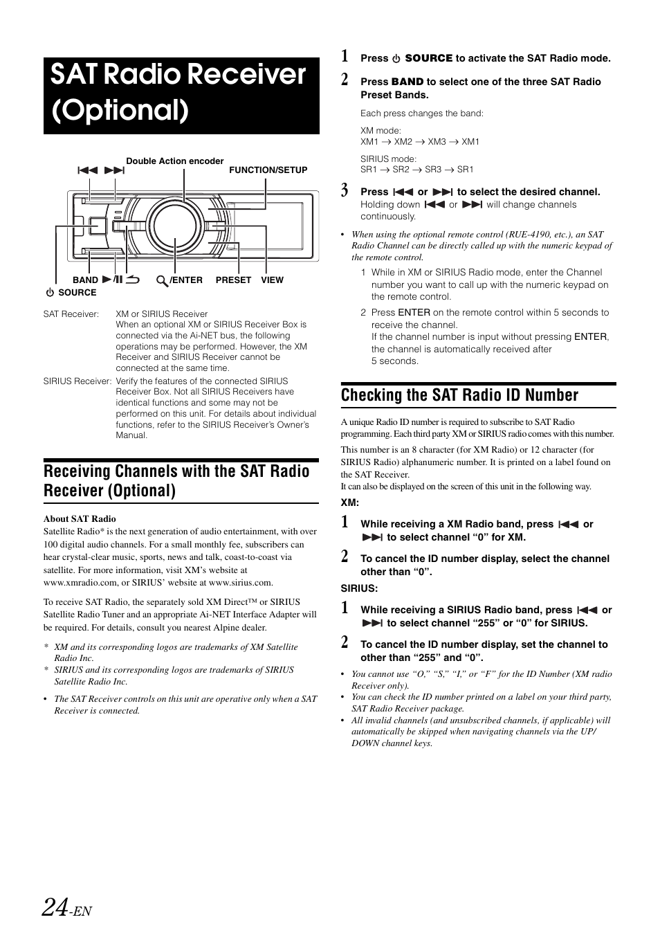 Sat radio receiver (optional), Checking the sat radio id number, Receiving channels with the sat radio | Receiver (optional) | Alpine IDA-X303 User Manual | Page 26 / 48