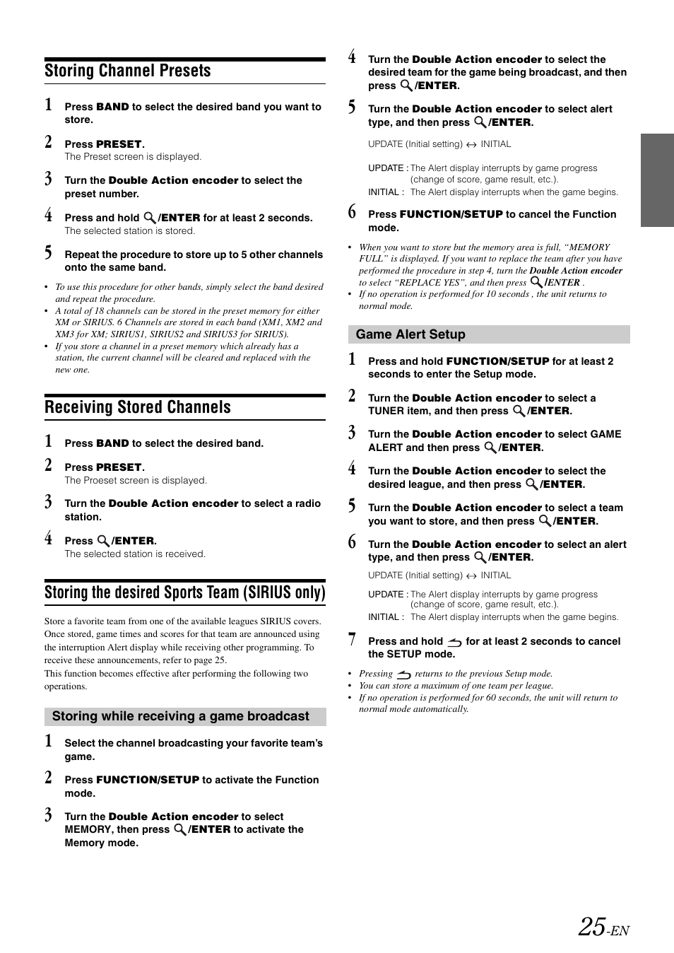 Storing channel presets, Receiving stored channels, Storing the desired sports team (sirius only) | Storing the desired sports team, Sirius only) | Alpine IDA-X303 User Manual | Page 27 / 48