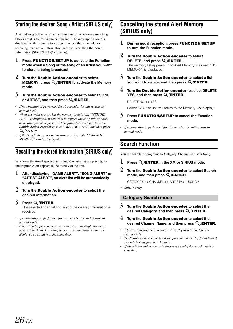 Storing the desired song / artist (sirius only), Recalling the stored information (sirius only), Canceling the stored alert memory (sirius only) | Search function, Storing the desired song / artist, Sirius only), Recalling the stored information, Canceling the stored alert memory | Alpine IDA-X303 User Manual | Page 28 / 48