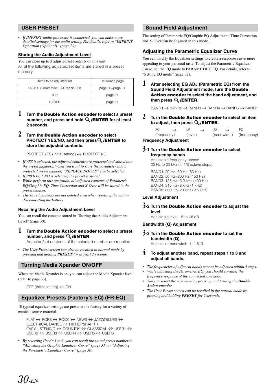 User preset, Storing the audio adjustment level, Recalling the audio adjustment level | Turning media xpander on/off, Equalizer presets (factory’s eq) (fr-eq), Sound field adjustment, Adjusting the parametric equalizer curve, Fr-eq) | Alpine IDA-X303 User Manual | Page 32 / 48